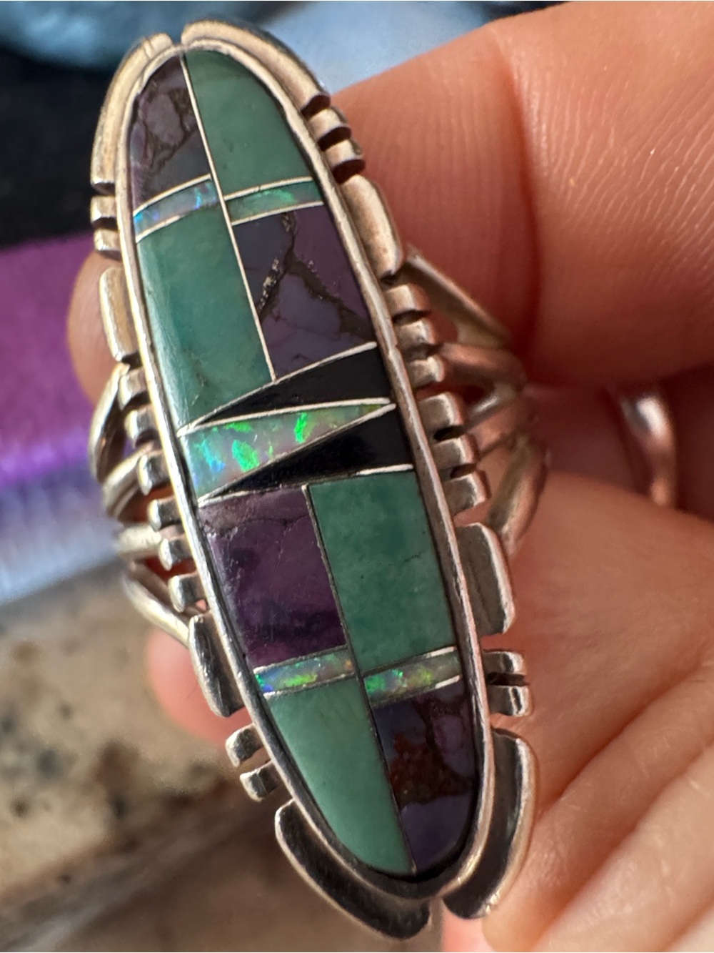 Handcrafted Sterling Silver  Ring with Green and Purple Gemstones